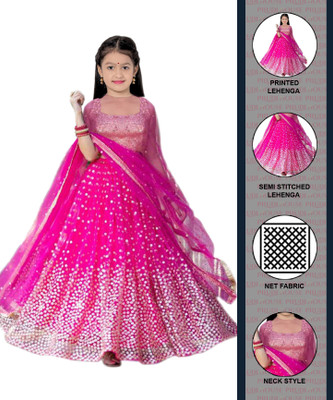 PILUDI Girls Lehenga Choli Ethnic Wear Polka Print Lehenga, Choli and Dupatta Set(Pink, Pack of 1)