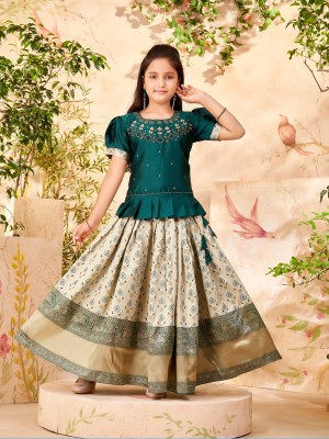 Aarika Indi Girls Lehenga Choli Ethnic Wear Printed Lehenga Choli(Dark Green, Pack of 1)