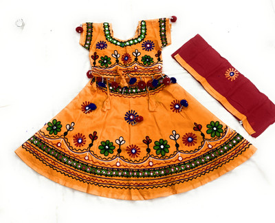 Fashionhub Indi Baby Girls Lehenga Choli Ethnic Wear Embroidered Lehenga, Choli and Dupatta Set(Yellow, Pack of 1)