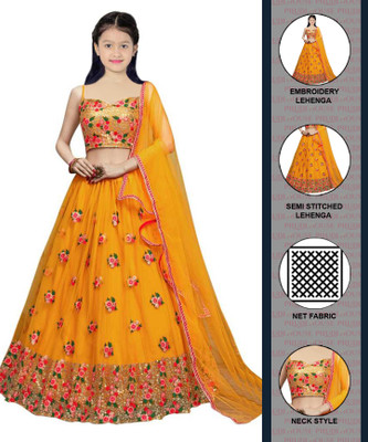 PILUDI Girls Lehenga Choli Party Wear Embroidered Lehenga, Choli and Dupatta Set(Yellow, Pack of 1)