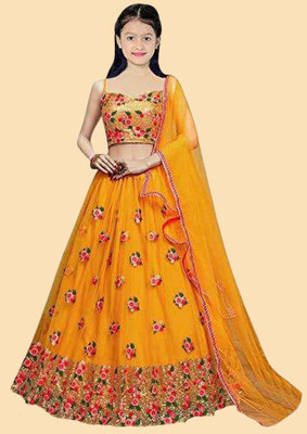 SHYAMALI FASHION Girls Lehenga Choli Ethnic Wear Embroidered Lehenga, Choli and Dupatta Set(Yellow, Pack of 1)