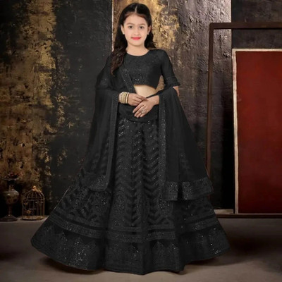 KESHAVI CREATION Girls Lehenga Choli Party Wear Embroidered Lehenga, Choli and Dupatta Set(Black, Pack of 1)