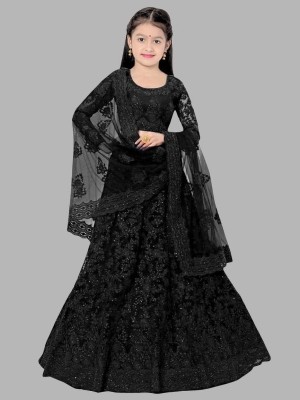 PILUDI Girls Lehenga Choli Ethnic Wear Embroidered Lehenga, Choli and Dupatta Set(Black, Pack of 1)