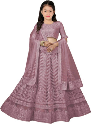 KESHAVI CREATION Girls Lehenga Choli Party Wear Embroidered Lehenga, Choli and Dupatta Set(Pink, Pack of 1)