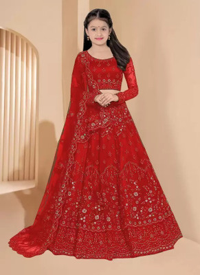 Nijat Girls Lehenga Choli Party Wear, Western Wear Solid Lehenga, Choli and Dupatta Set(Red, Pack of 1)