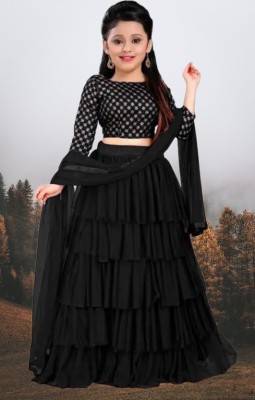 DHAVDI ENTERPRISE Girls Lehenga Choli Ethnic Wear Embroidered Lehenga, Choli and Dupatta Set(Black, Pack of 1)