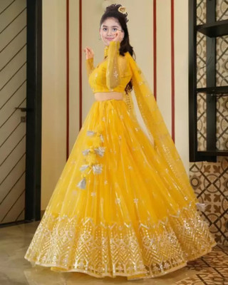 DOLFINFASHION Girls Lehenga Choli Ethnic Wear Embroidered Lehenga, Choli and Dupatta Set(Yellow, Pack of 1)
