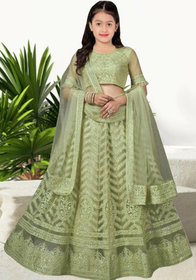 Mahakaleshwar Girls Lehenga Choli Ethnic Wear Embroidered Lehenga, Choli and Dupatta Set(Green, Pack of 1)