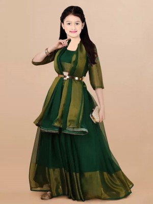 Aika Girls Lehenga Choli Ethnic Wear Solid Lehenga, Choli and Dupatta Set(Green, Pack of 1)