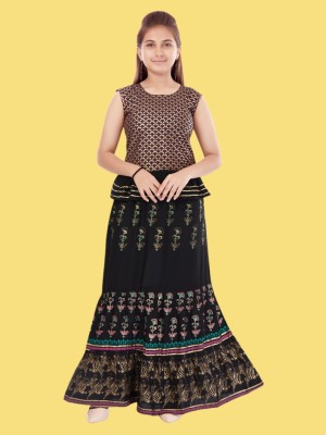 MUHURATAM Indi Girls Lehenga Choli Ethnic Wear Printed Lehenga Choli(Black, Pack of 1)