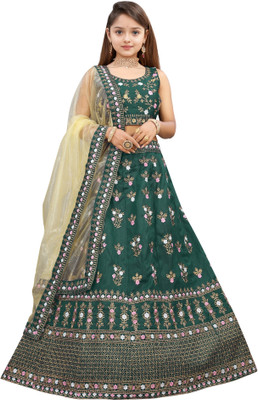 A To Z Cart Girls Lehenga Choli Ethnic Wear Embroidered Lehenga, Choli and Dupatta Set(Green, Pack of 1)