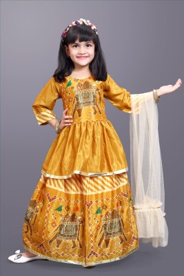 satyamfab Girls Lehenga Choli Ethnic Wear Printed Lehenga, Choli and Dupatta Set(Yellow, Pack of 1)