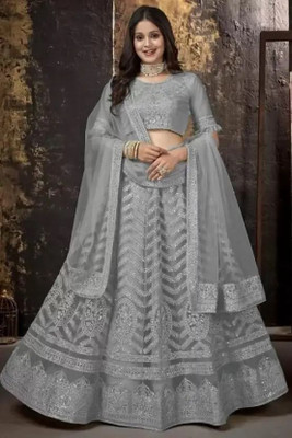 KESHAVI CREATION Girls Lehenga Choli Party Wear Embroidered Lehenga, Choli and Dupatta Set(Grey, Pack of 1)