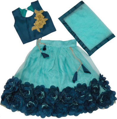 Agnivesham Baby Girls Lehenga Choli Ethnic Wear Floral Print Lehenga, Choli and Dupatta Set(Light Blue, Pack of 1)