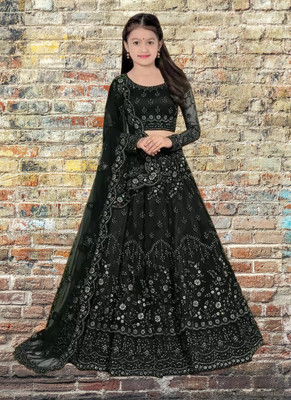 Ininja Enterprise Girls Lehenga Choli Ethnic Wear Embroidered Lehenga, Choli and Dupatta Set(Black, Pack of 1)