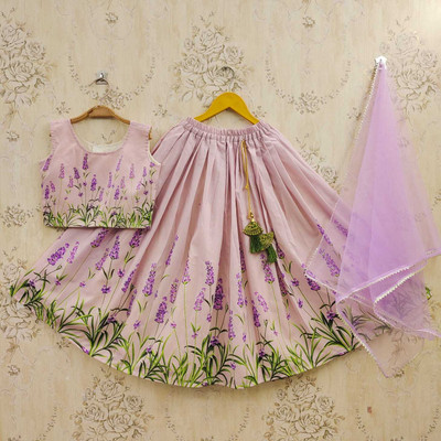 pkgengadiya Indi Girls Lehenga Choli Party Wear Printed Lehenga, Choli and Dupatta Set(Pink, Pack of 1)