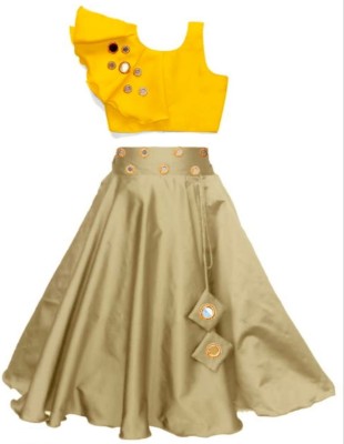 Jay Nagnath fab Indi Girls Lehenga Choli Fusion Wear Embellished Lehenga & Crop Top(Yellow, Pack of 1)