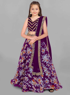 Hitansree creation Girls Lehenga Choli Ethnic Wear Floral Print Lehenga, Choli and Dupatta Set(Purple, Pack of 1)