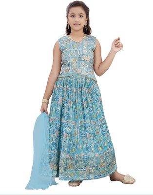Tasrika Indi Girls Lehenga Choli Ethnic Wear Printed Lehenga Choli(Light Blue, Pack of 1)
