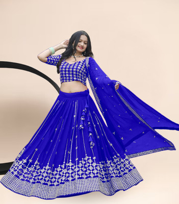 F Plus fashion Embroidered Semi Stitched Lehenga Choli(Blue)