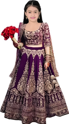 The Fashion Prime Girls Lehenga Choli Ethnic Wear Embroidered Lehenga, Choli and Dupatta Set(Purple, Pack of 1)