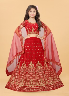 A To Z Cart Girls Lehenga Choli Ethnic Wear Embroidered Lehenga, Choli and Dupatta Set(Red, Pack of 1)