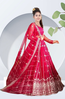 MAHAKALESWAR Girls Lehenga Choli Ethnic Wear Embroidered Lehenga, Choli and Dupatta Set(Pink, Pack of 1)