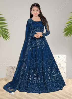 Mahakaleshwar Girls Lehenga Choli Ethnic Wear Embroidered Lehenga, Choli and Dupatta Set(Blue, Pack of 1)
