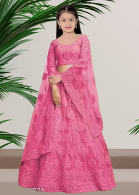 Mahakaleshwar Girls Lehenga Choli Ethnic Wear Embroidered Lehenga, Choli and Dupatta Set(Pink, Pack of 1)