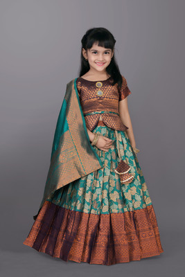 satyamfab Girls Lehenga Choli Ethnic Wear Self Design Lehenga, Choli and Dupatta Set(Green, Pack of 1)