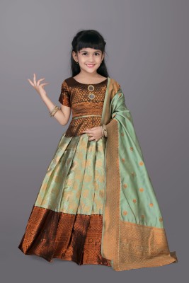satyamfab Girls Lehenga Choli Ethnic Wear Self Design Lehenga, Choli and Dupatta Set(Green, Pack of 1)