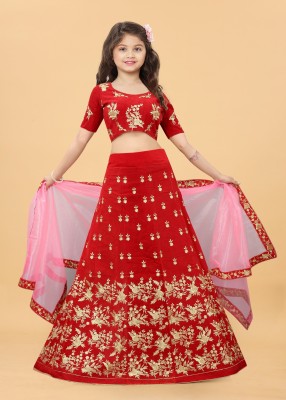 LADY SHOPI Girls Lehenga Choli Ethnic Wear Embroidered Lehenga, Choli and Dupatta Set(Red, Pack of 1)