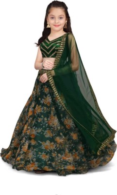 Women Wed Girls Lehenga Choli Party Wear Floral Print Lehenga, Choli and Dupatta Set(Green, Pack of 1)