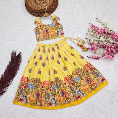 ZillyMilly Girls Lehenga Choli Ethnic Wear Printed Lehenga, Choli and Dupatta Set(Yellow, Pack of 1)