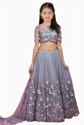 FULPARI Girls Lehenga Choli Ethnic Wear Embroidered Lehenga, Choli and Dupatta Set(Grey, Pack of 1)