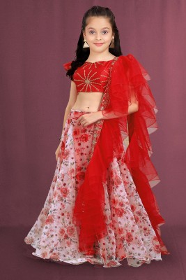 Kedar Fab Girls Lehenga Choli Ethnic Wear Floral Print Lehenga, Choli and Dupatta Set(Red, Pack of 1)