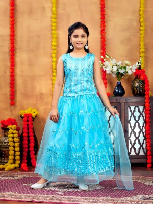 Aarika Indi Girls Lehenga Choli Ethnic Wear Embroidered Lehenga Choli(Light Blue, Pack of 1)