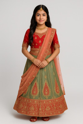 Kalyanis Raghav Fashion Girls Lehenga Choli Ethnic Wear Embroidered Lehenga, Choli and Dupatta Set(Green, Pack of 1)