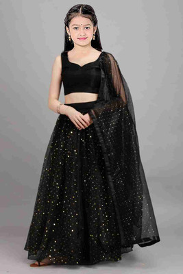 F Plus fashion Girls Lehenga Choli Party Wear Embellished Lehenga, Choli and Dupatta Set(Black, Pack of 1)