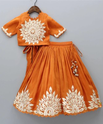 Integrity Girls Lehenga Choli Ethnic Wear Embroidered Lehenga & Crop Top(Orange, Pack of 1)