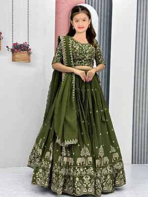 PILUDI Girls Lehenga Choli Ethnic Wear, Fusion Wear, Party Wear Embroidered Lehenga, Choli and Dupatta Set(Green, Pack of 1)