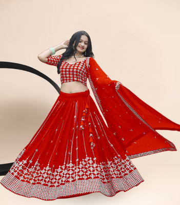 F Plus fashion Embroidered Semi Stitched Lehenga Choli(Red)