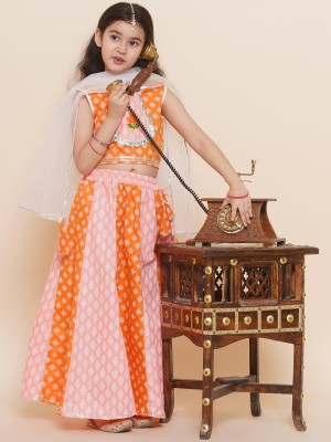 AJ Dezines Girls Lehenga Choli Ethnic Wear Geometric Print Lehenga, Choli and Dupatta Set(Orange, Pack of 1)