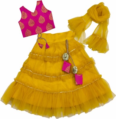 satyamfab Girls Lehenga Choli Party Wear Printed Lehenga, Choli and Dupatta Set(Yellow, Pack of 1)