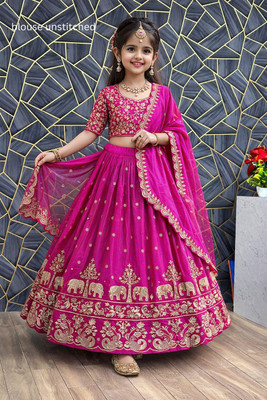 Ethnicset Indi Girls Lehenga Choli Party Wear Embroidered Lehenga, Choli and Dupatta Set(Pink, Pack of 1)