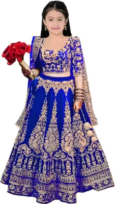 The Fashion Prime Girls Lehenga Choli Ethnic Wear Embroidered Lehenga, Choli and Dupatta Set(Light Blue, Pack of 1)