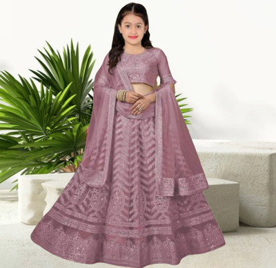 Mahakaleshwar Girls Lehenga Choli Ethnic Wear Embroidered Lehenga, Choli and Dupatta Set(Orange, Pack of 1)