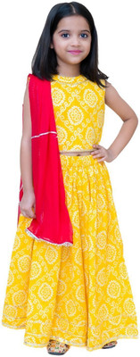 MAITREYO Indi Girls Lehenga Choli Ethnic Wear Printed Lehenga, Choli and Dupatta Set(Yellow, Pack of 1)