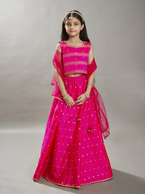 Bitiya By Bhama Indi Girls Lehenga Choli Ethnic Wear Embroidered Lehenga Choli(Pink, Pack of 1)