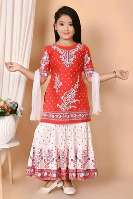 RTNGARMENTS N/A Girls Lehenga Choli Ethnic Wear Printed Lehenga, Choli and Dupatta Set(Red, Pack of 1)